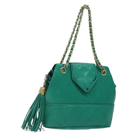CHANEL Chain Hand Bag Lamb Skin Green Gold CC - Picture 1 of 15